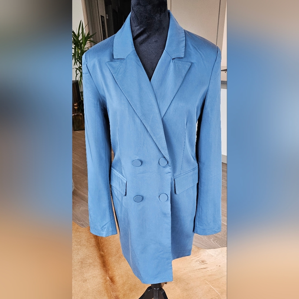 7 For All Mankind Blue Double-Breasted Blazer